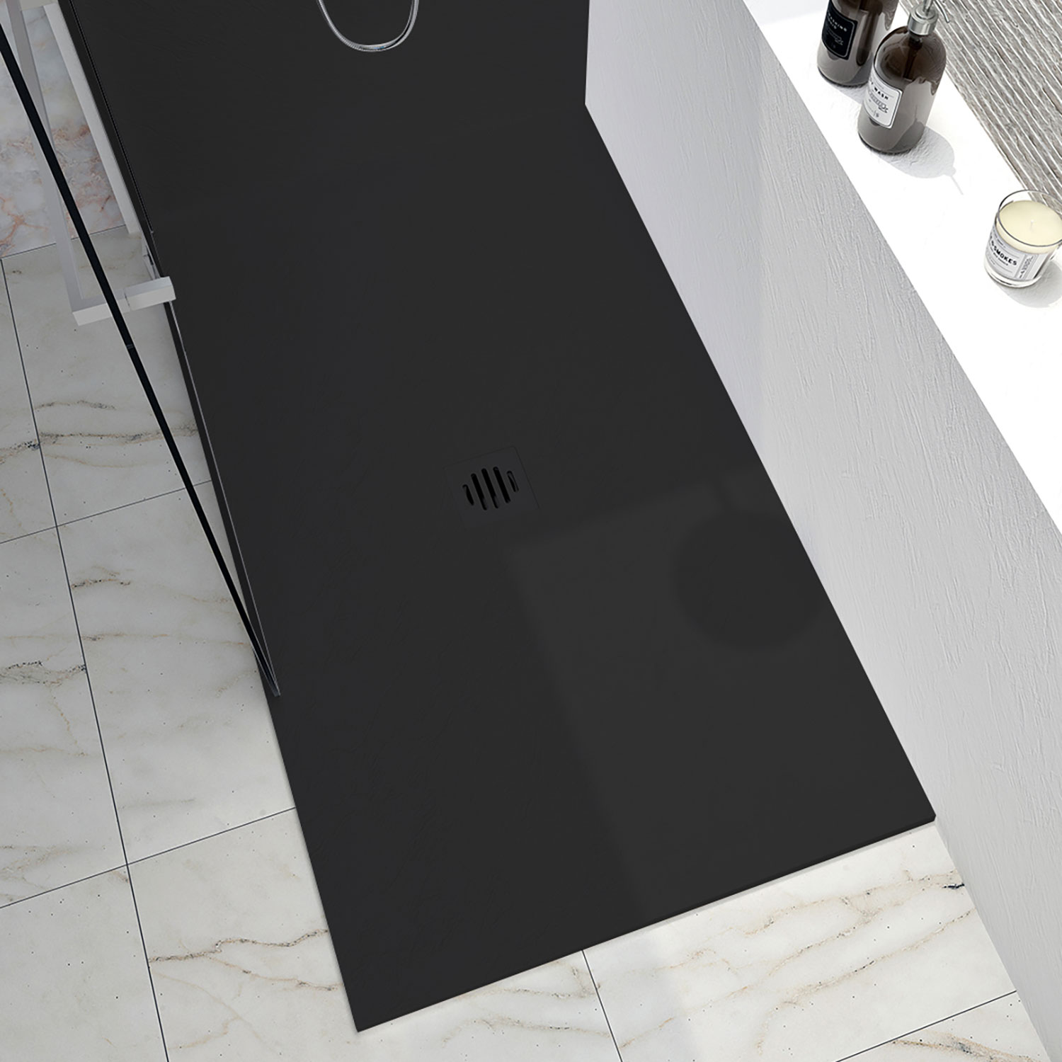 Shower base Slate 36 x 36, in a corner, wall on the left side, in
